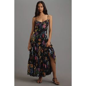 Anthropologie Floral Maxi Dress - Black, Purple, Yellow, Green